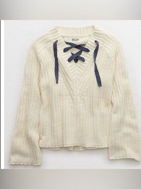aerie Cream Pullover Sweater with Navy Lace-Up Neck size M